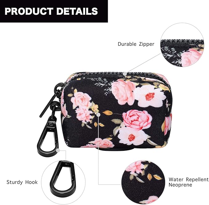Petmolico Dog Poop Bag Holder Leash Attachment, Waste Bag Dispenser Zippered Pouch, Fits Any Leash, Includes Free Roll of Bags, 2 Packs - Pink Rose