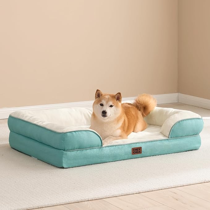EHEYCIGA Orthopedic Dog Beds for Large Dogs, Waterproof Memory Foam Large Dog Bed with Sides, Non-Slip Bottom and Egg-Crate Foam Pet Couch Bed with Washable Removable Cover, Turquoise Blue