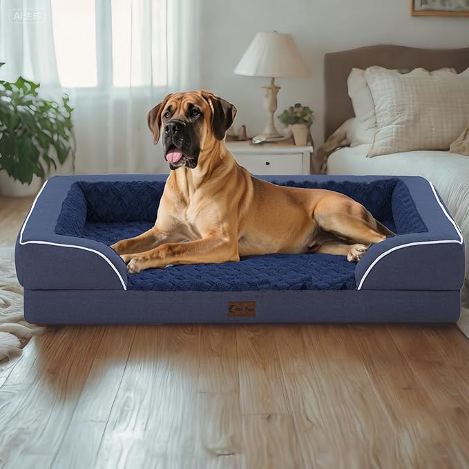Orthopedic Waterproof Dog Bed for Extra Large Dogs, Memory Foam XL Dog Bed with Sides, Egg-Crate Foam and Non-Slip Bottom Jumbo Dogs Couch Beds with Washable Removable Cover(Jumbo,Navy Blue)