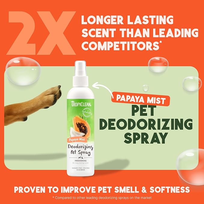 TropiClean Dog Perfume, Long Lasting Papaya Cologne, Deodorizing Spray for Smelly Dogs, After Bath Detangling Spray with Vitamin E, Safe for Cats, 8oz.
