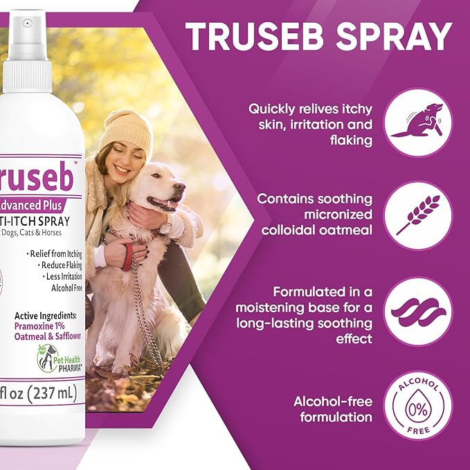 Truseb | Pramoxine HCL 1% Spray for Dogs and Cats with Moisturizing Oatmeal Made in U.S.A (8 oz)