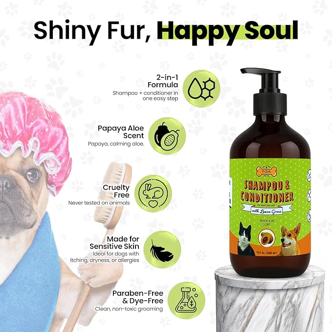 POM Pets 2-in-1 Organic Dog Shampoo & Conditioner – Itchy Skin Relief, Dog Deshedding, Detangles Fur, Cat Shampoo, Paw Cleaner for Dogs, Natural Coat Defense Formula