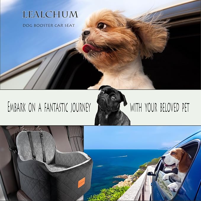 Dog Booster Car Seat for Small/Medium Dogs,6in Memory Foam Elevated Cushion,Fully Detachable and Washable,2 Clip-On Safety Leashes,Anti-Slip Base(Black/Grey,Medium)