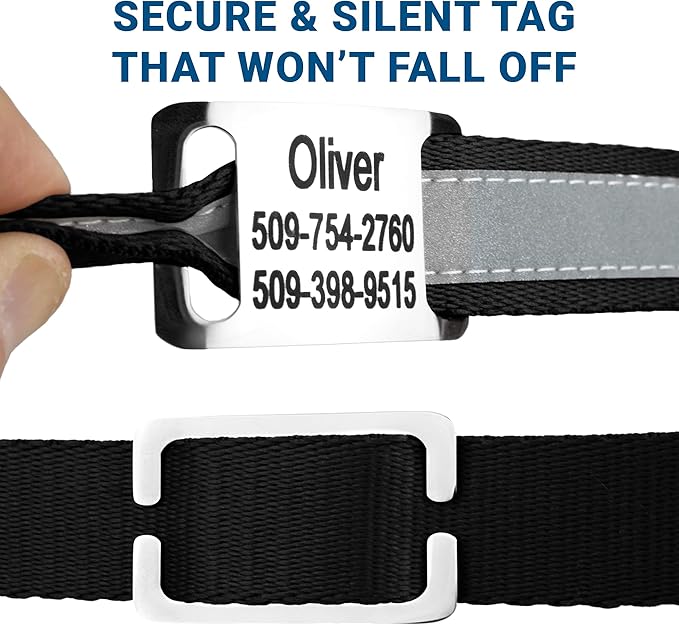 GoTags Reflective Personalized Dog Collar with Nameplate, Adjustable Dog Collar with Custom Engraved Steel Slide On Pet ID Tag, Silent, No Noise Dog Tag for Large Medium or Small (Black, Large)