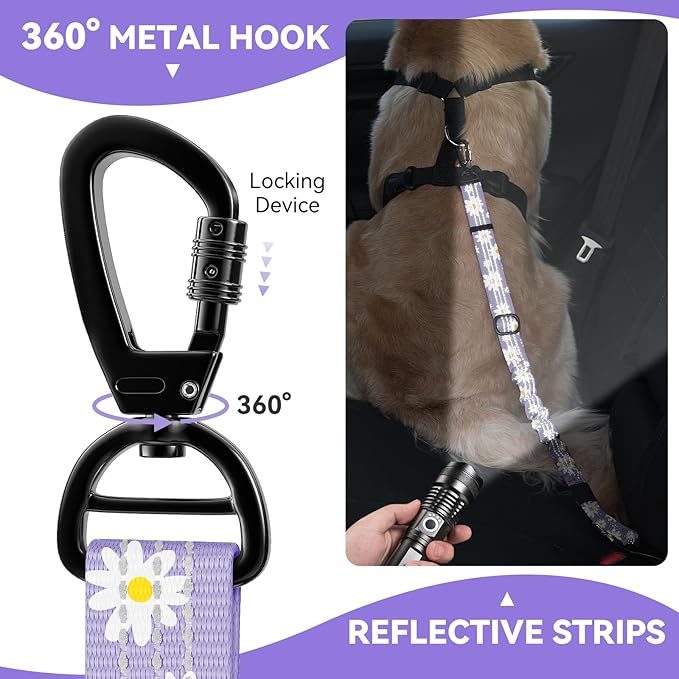 Pawaboo Dog Seatbelt for Car, Dog Seat Belt Bungee, Shockproof Dogs Tether for Car with Buckle & Hook Latch, Adjustable Reflective Dogs Cars Harness Leash with 360° Lockable Buckle, Light Purple