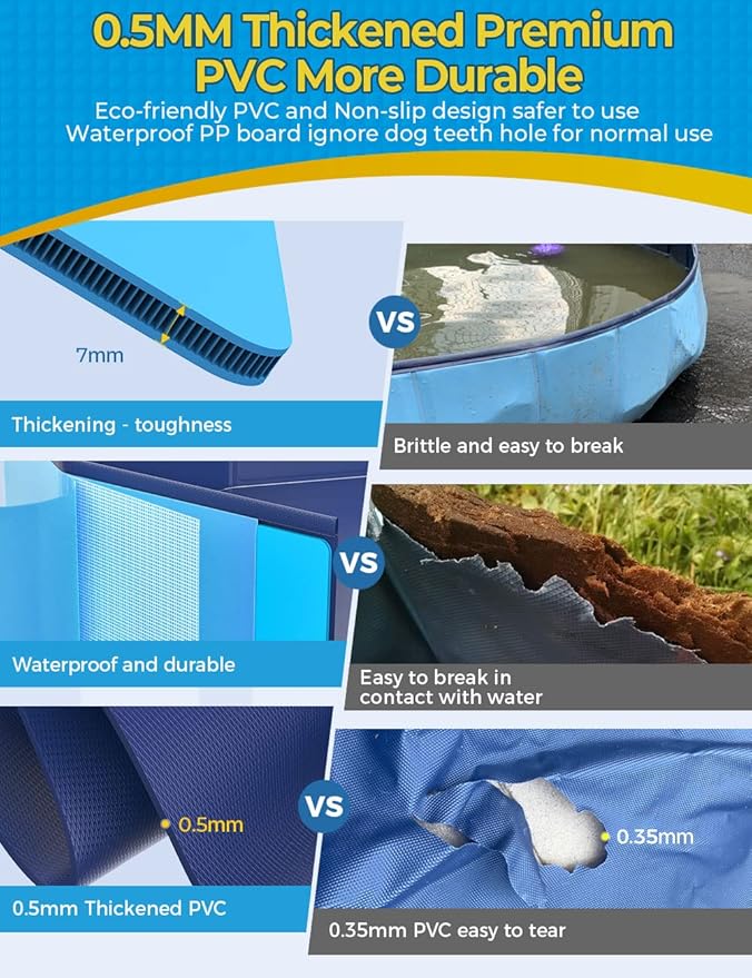 VISTOP Jumbo Foldable Dog Pool, Hard Plastic Shell Portable Swimming Pool for Dogs Cats and Kids Pet Puppy Bathing Tub Collapsible Kiddie Pool (77inch.D x 15.7inch.H, Blue)