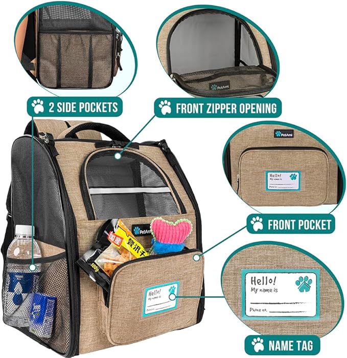 PetAmi Dog Backpack Carrier for Small Large Cat, Pet, Puppy, Ventilated Pet Hiking Backpack Travel Bag, Airline Approved Cat Backpack Carrier, Camping Biking Dog Bag Up to 18lbs Pet, Taupe