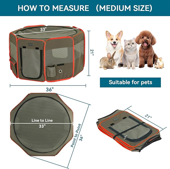 Petsfit Portable Dog Playpen 36" Portable Pet Play Pens for Small Medium Dogs, Puppy Playpen Indoor/Outdoor with Carring Case, Removable Zipper Top and Bottom,Medium (36"x36"x21")