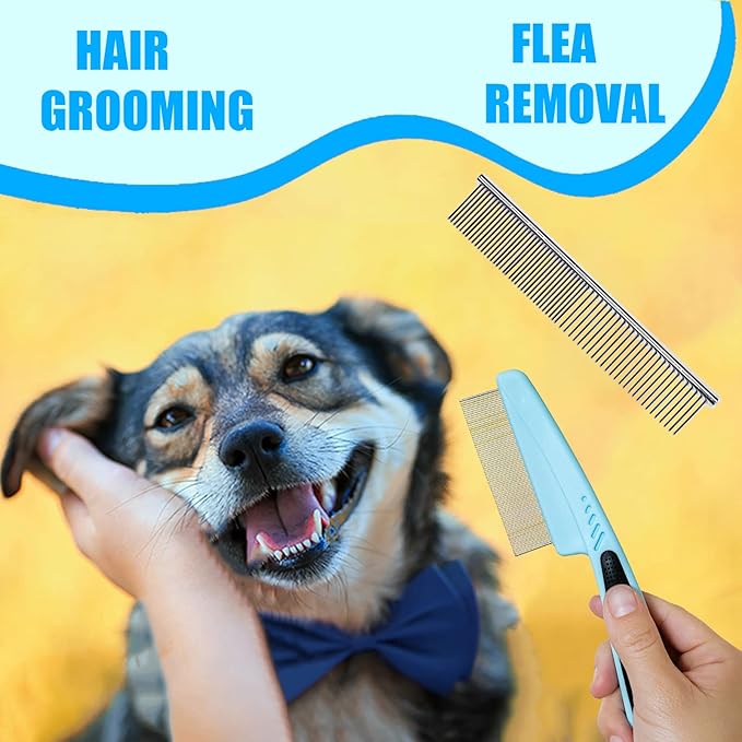Dog Brush Grooming Kit 5PCS - Dog Brushes for Grooming, Dog Brush for Shedding,Puppy Brush and Flea Comb for Dogs, Slicker Brush Comb and Dog Hair Brush Set Blue