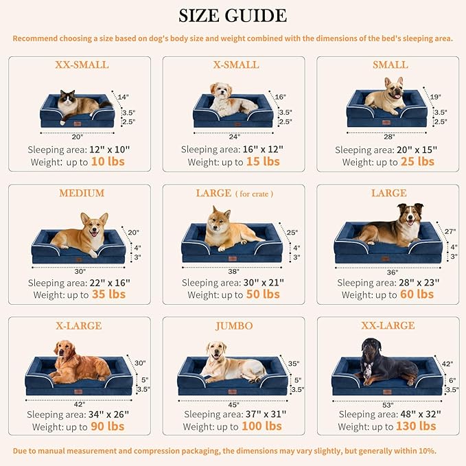 Comfort Expression Extra Large Dog Beds, Waterproof Orthopedic Foam Dog Beds, XL Dogs Bed with Bolster, Washable Dogs Sofa Pet Bed with Removable Cover & Non-Slip Bottom(X-Large,Navy Blue)
