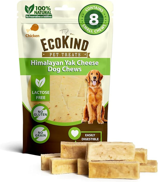 EcoKind Premium Gold Yak Cheese Himalayan Dog Chews, Healthy Dog Treats for Small Dogs, All Natural, High Protein Dog Chew, Chicken, Small - 8 Chews