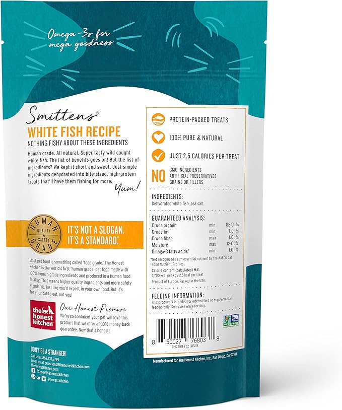 The Honest Kitchen Smittens® Bites: Heart-Shaped White Fish Cat Treats, 1.5 oz Bag