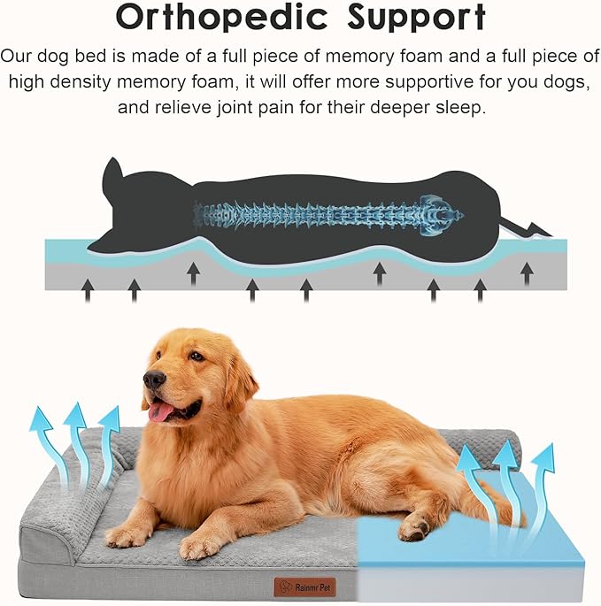 Orthopedic Dog Beds Large Sized Dog, 3 Inch Memory Foam Pet Bed for Medium and Large Dogs, Washable Removable Cover, Nonskid Bottom, Waterproof, 44x32 Inches XXL Light Grey