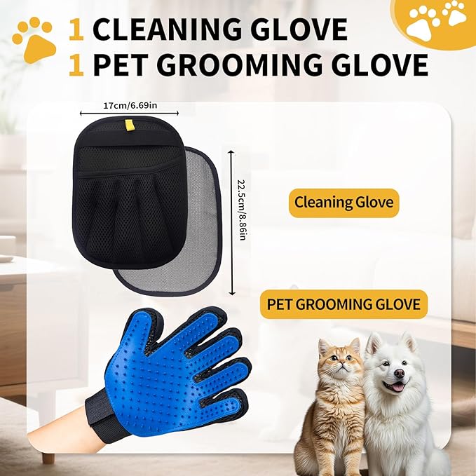 Pet Hair Removal Glove, Cats Dogs Grooming Gloves Pet Hair Removal Tool, 2025 Upgrade Reusable Pet Hair Remover Glove（1 Pet Grooming Glove & 1 Cleaning Glove）