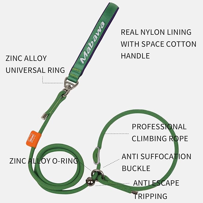 Dog Anti-Slip Leash 5FT with Metal Stopper - Durable No-Pull Training Lead for Small, Medium & Large Dogs - Comfortable Handle Nylon Rope, Tangle-Free Pet Walking Leash (Green, 5.6FT)