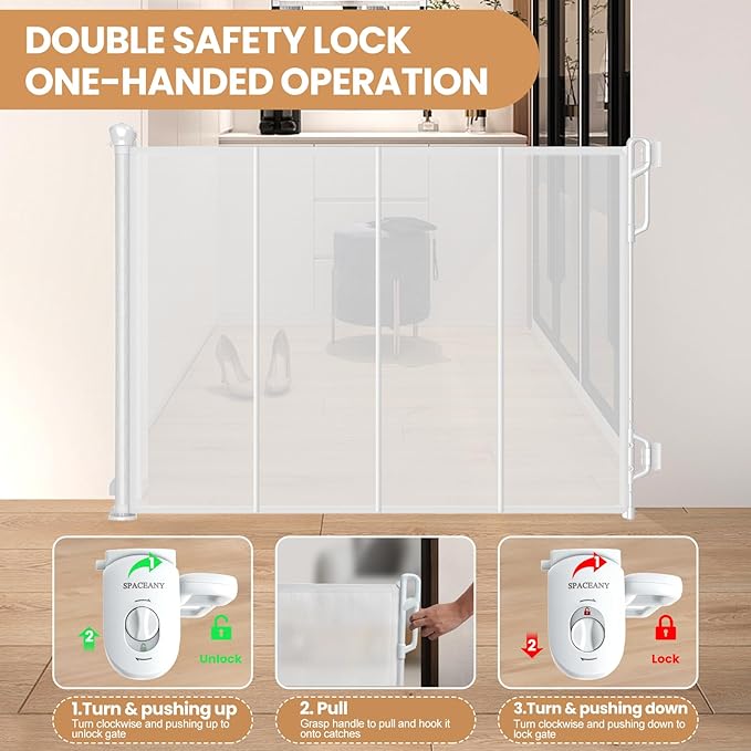 Reinforced Retractable Baby Gate or Mesh Dog Gate,Easy to Use for Stairs, Doorways, Hallways, Indoor, Outdoor, Wide Pet Gate 33.5" Tall, Extends to 45" Wide, White