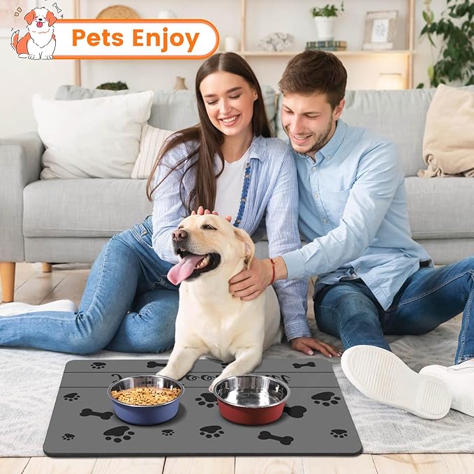 Pet Feeding Mat-Absorbent Pet Placemat for Food and Water Bowl, with Waterproof Rubber Backing, Quick Dry Water Dispenser Mat for Dog and Cat (17"x27", Bones)