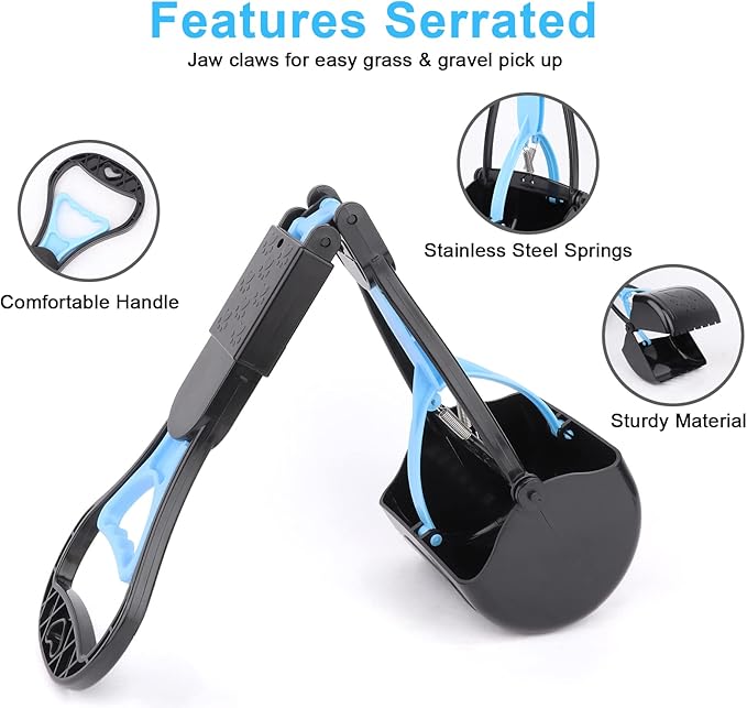 PPOGOO Non-Breakable Pooper Scooper for Large Medium Small Dogs with 24.3inch Long Handle High Strength Material Durable Spring, Easy Grass and Gravel Pick Up