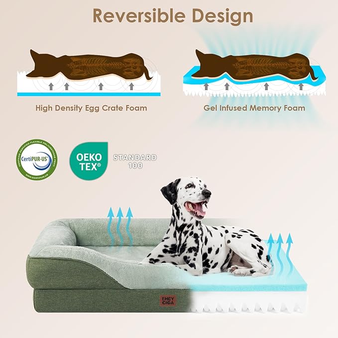 EHEYCIGA Memory Foam Dog Bed for Large Sized, Orthopedic Dog Sofa with Sides and Waterproof Liner, Washable Bolster Pet Couch with Removable Cover, 36x27x7 Inch, Green