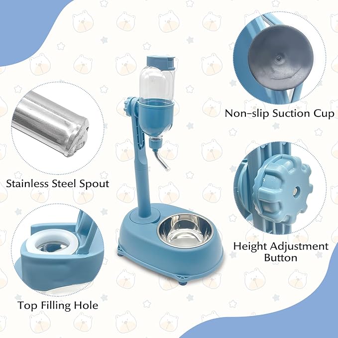 Fhiny Dog Water Feeder Bottle with Stand, Dispenser Automatic Water Food Bowl for Cage No-Drip Leak-Proof Adjustable Raised Pet Slow Water Bottle Dog Kennel Durable Drinker (Blue, 17oz)