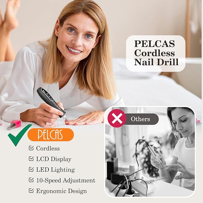 PELCAS Electric Nail Drills, Professional Cordless Nail File Kit with Light, 10 Speeds Manicure & Pedicure Kit for Human, Pet, Thick Toenails, Natural & Acrylic Nails Grey