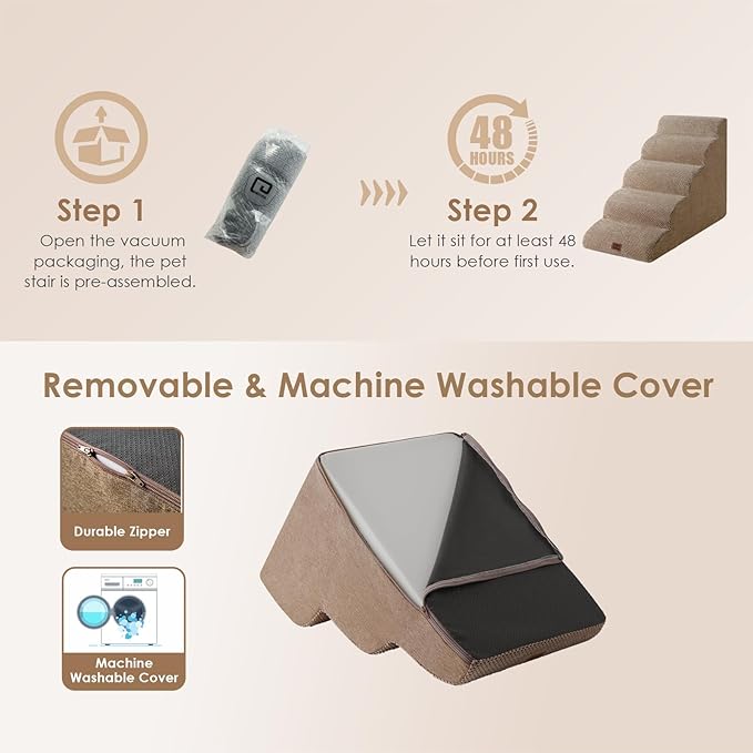 EHEYCIGA Curved Dog Stairs Ramp for High Beds 22.6" H, 5-Step Dog Steps for Small Dogs and Cats, Pet Stairs for High Bed Climbing, Non-Slip Balanced Pet Step Indoor, Camel