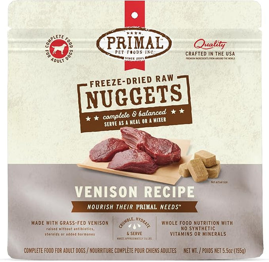 Primal Freeze Dried Raw Dog Food Nuggets, Venison, Complete & Balanced Meal, Also Use as Topper or Treat, Premium, Healthy, Grain Free, High Protein Raw Dog Food, 5.5 oz