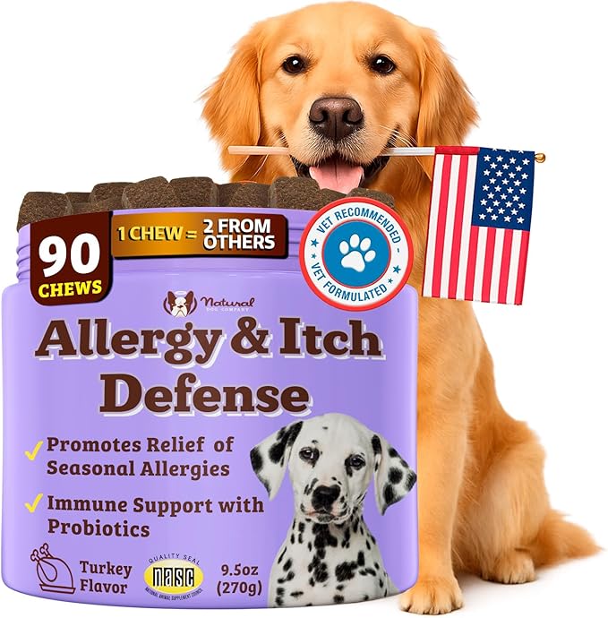Natural Dog Company Allergy & Itch Defense Chews – Allergy Support for Dogs, Itch Relief, Skin, Coat & Gut Health with Probiotics, Colostrum & Salmon Oil, Grain-Free Dog Supplement, 90 ct