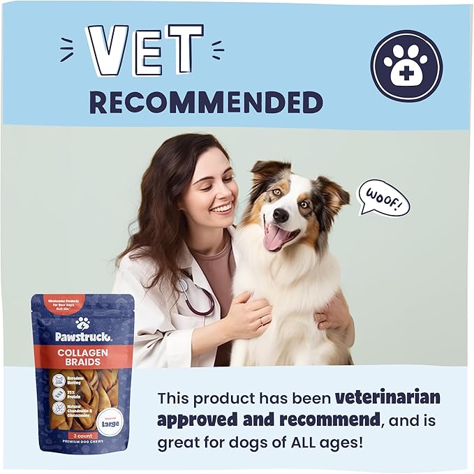 Pawstruck Natural Large 10-13” Beef Collagen Braids for Dogs – Long-Lasting Rawhide & Bully Stick Alternative, with Chondroitin & Glucosamine – 3 Pack