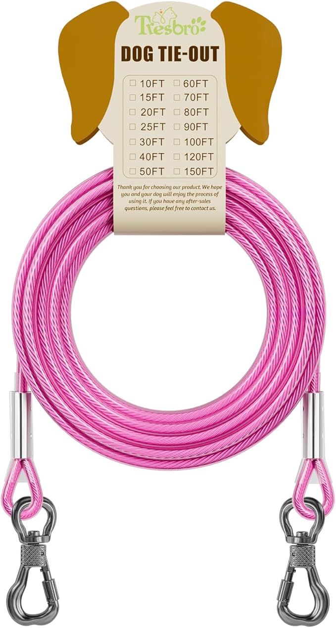 Tresbro 15FT Reflective Tie Out Cable for Dogs Up to 250 Pounds, Steel Wire Lead Leash Cable with Stainless Rotatable Buckle, Lightweight and Enduring, Dog Chains Outside for Outdoor, Yard, Pink