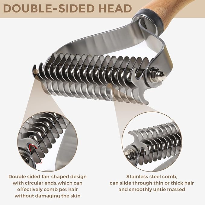Undercoat Rake for Dogs - Professional Pet Shedding Dematting Comb with Wood Handle, Stainless Steel Blades for Pet Cats Dogs Matted Hair Tangles Removing