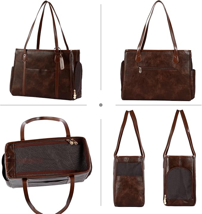 Stylish Dog Purse Carrier, Leather Pet Carrier Bag for Small Dogs Cats Puppy, Airline Approved Soft-Sided Carrier Coffee