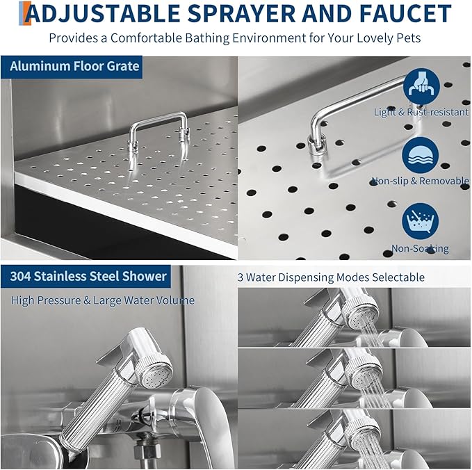 Stainless Steel Dog Washing Station - Dog Bath Tub for Large, Medium, Small Dogs, Pet Grooming Tub with Ramp, Non-Slip Grate, Shower, Soap Box, Faucet, Drain for Home & Outdoor （Left RAMP, 62"）