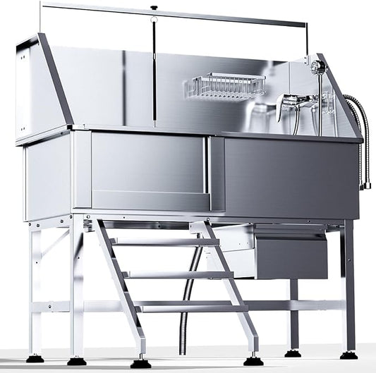 Professional 46" Dog Washing Station, Stainless Steel Dog Bathing Station, Height Adjustable Dog Wash Station, Storage Drawer, Upgrade Parts, Home, Commercial (Left Step)