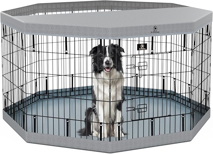 PJYuCien Dog Playpen, 8 Panels 30”H Dog Playpen Indoor with Grey Bottom Pad and Top Cover, Metal Foldable Dog Pen for Indoor Use, Better for Small Medium Animals, Grey