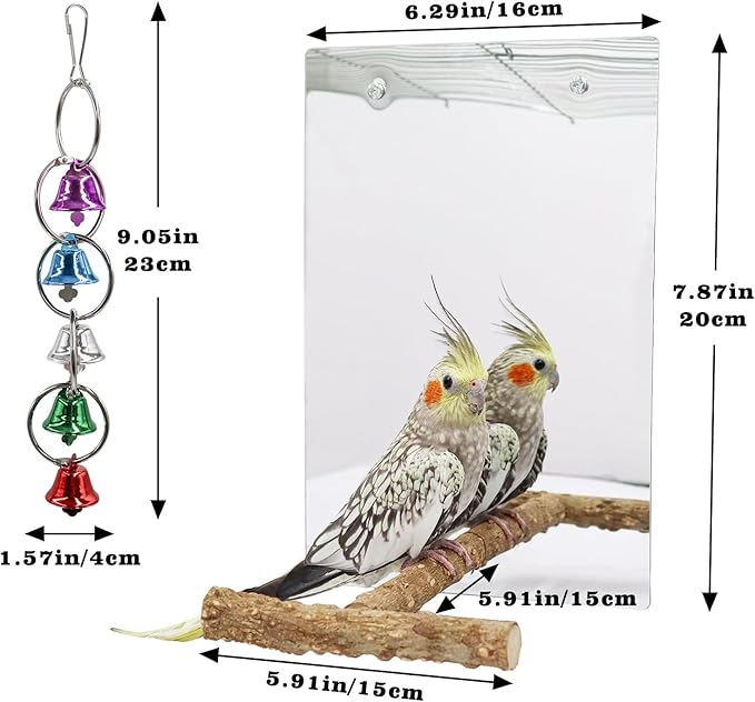 Bird Mirror Toy with Perch Stand, Parrot Parakeet Mirror with Bird Swing Bell Toys, Bird Cage Accessories, Suitable for Parakeet Cockatiel Conure Lovebirds - 7.9 × 6.3 Inch