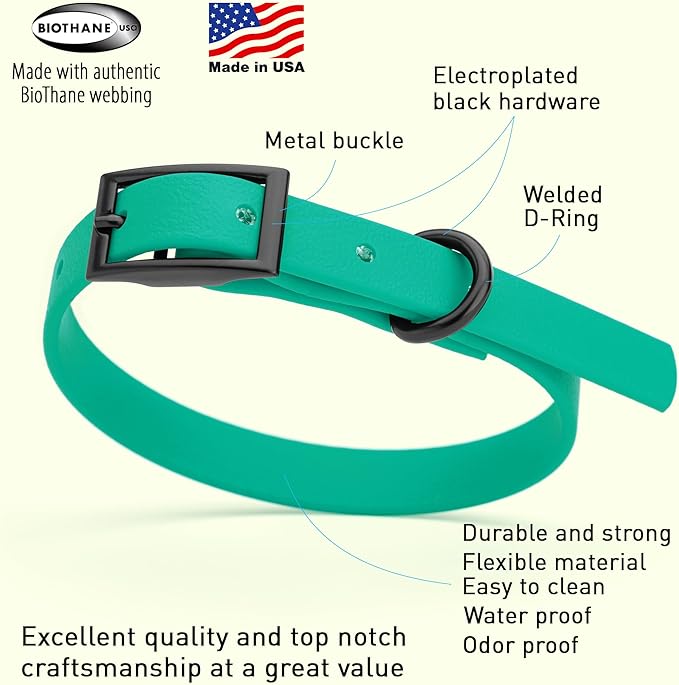 Dogline Biothane Waterproof Dog Collar Strong Coated Nylon Webbing with Black Hardware Odor- Proof for Easy Care Easy to Clean High Performance Fits Small Medium or Large Dogs, Teal