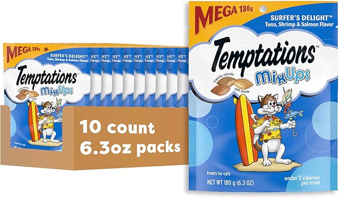 Temptations MixUps Surfer's Delight Flavor Crunchy and Soft Cat Treats, 6.3 oz. Pouch (Pack of 10)