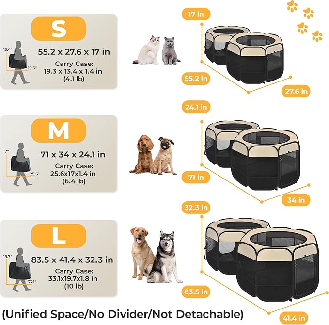 EighteenTek 2-in-1 Pop Up Cat Playpen, Assembly-Free Dog Puppy Pet Playpen, Indoor Outdoor Cats Enclosed, Cat Tent House Crate Cage, Portable & Foldable Playpen for Kittens(No Divider, Unified Space)