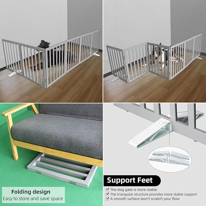 ZJSF Freestanding Indoor Dog Gate for House Foldable Wood Puppy Gate for Doorways Pet Gate for Stairs Extra Wide Pet Fence, Grey, 32" Height 6 Panels