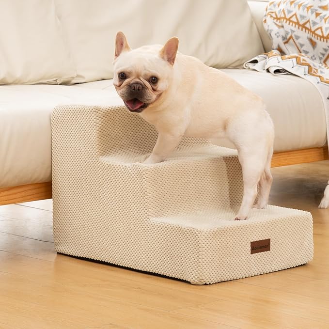 Dog Stairs for Small Dogs & Cats, 3-Step Extra Wide Non-Slip Pet Steps for Couch Sofa and Chair, Beige, 15.7" H