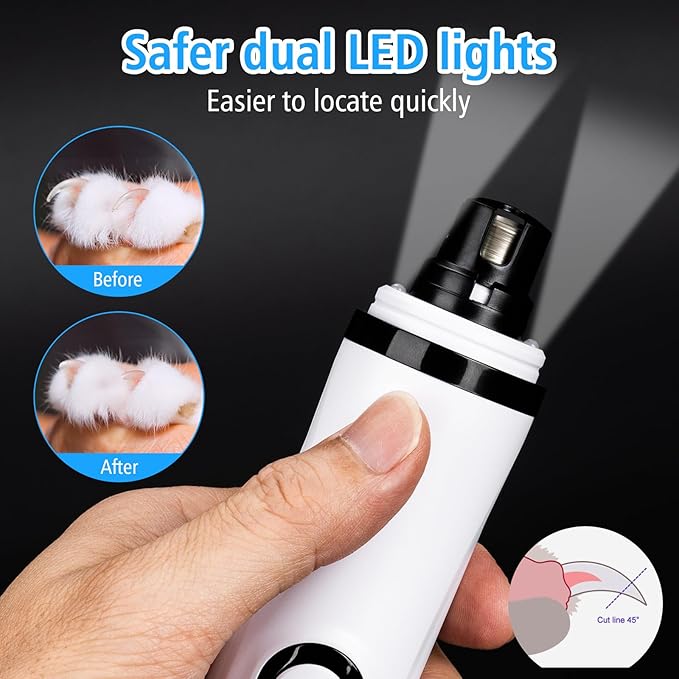 Pet Nail Grinder for Dogs and Cats - Super Quiet and Low Vibration Electric Dog Nail Grinder with 2 LED Lights - USB Rechargeable and Cordless - 3 Speeds - Small to Large Pets (White)