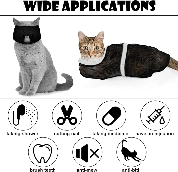 Patelai 5 Pcs Cat Bathing Bag Set Cat Grooming Bag Adjustable Pet Shower Net Muzzles Nail Clipper Tick Remover Tool Massage Brush(Black White)