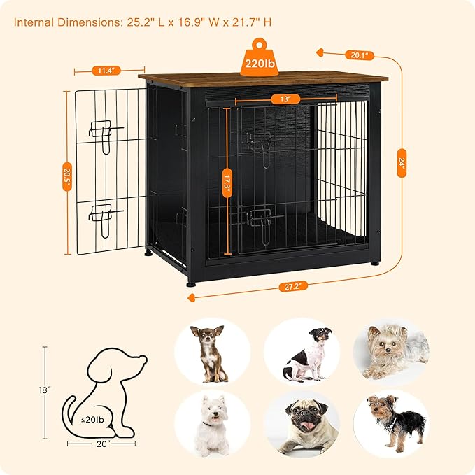 DWANTON Dog Crate Furniture with Cushion, Wooden Kennel Table with Double Doors, Indoor Dog House, Small/Medium/Large Size, 27.2" L, Black+Warm Brown