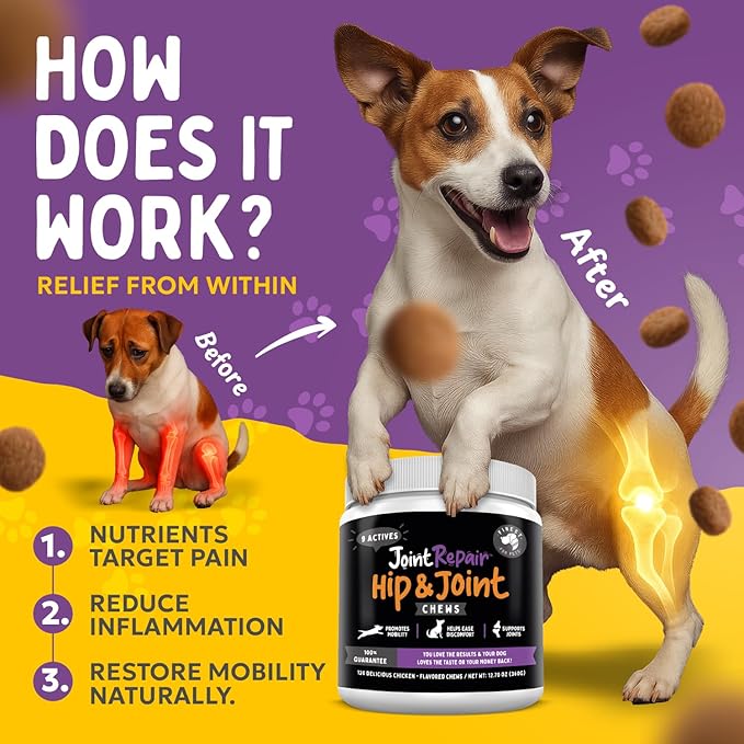 Joint Repair Hip and Joint Chews for Dogs Glucosamine, Chondroitin, MSM, Hemp, Omega 3 & Turmeric for Dog Joint Support, Mobility & Pain Relief - (120 Chicken Chews, Made in USA)