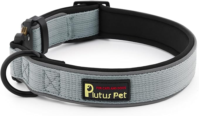 Plutus Pet Tactical Dog Collar, Reflective, Adjustable Heavy Duty Dog Collar, Soft Padded and Comfortable, for Small Medium and Large Dogs (Gray, L)