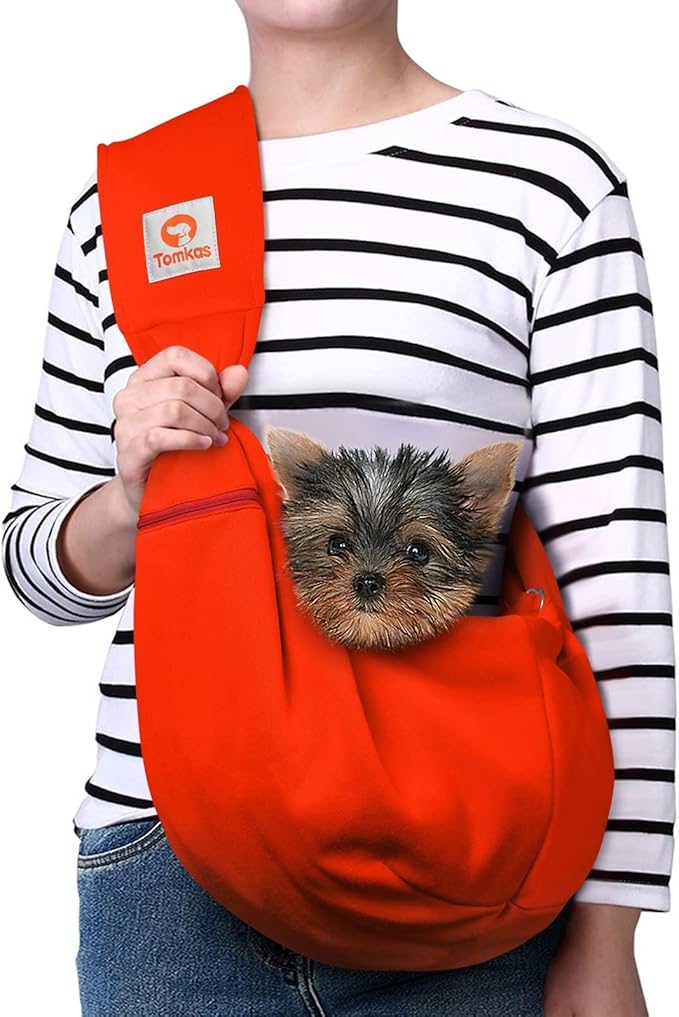 Tomkas Small Dog Sling Carrier - Zipper Pocket & Classic Strap - for 3-10 lbs Pets(Red)