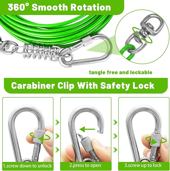 Dog Tie Out Cable 10/15/20/25/30FT Dog Run Cable Rosy Pink/Blue/Purple/Silver/Red/Green/YellowTie Out Cable for Large Dogs Heavy Duty for Outside Hold Large Dogs Up to 250LBS