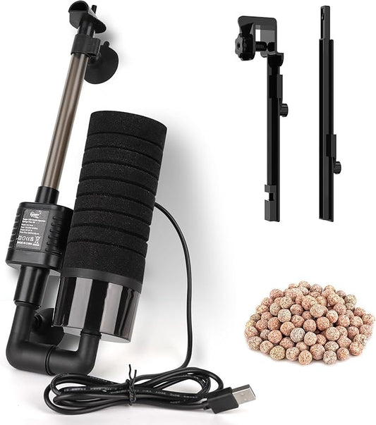 hygger USB Single Sponge Filter, Small Aquarium Filter with Adjustable Hanging Clip and Suction Cup, Duckbill Outlet, Rain Pipe Outlet, Extra Spare Sponge