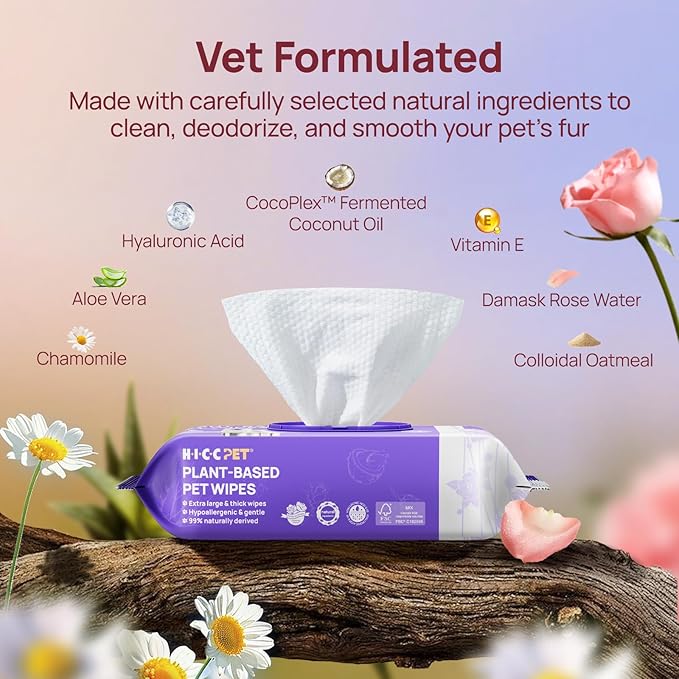 HICC PET Wipes for Dogs and Cats, Vet-Recommended Pets Cleaning Wipes, Deodorizing Hydrating, Nourishes Smoothes Fur, Fermented Coconut Oil Grooming Paws, Body and Butt, Thicken, Unscented, 100 Count